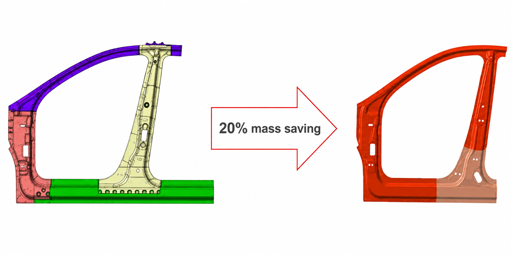Multipart assembly reference vs LWB solution 20% mass saving